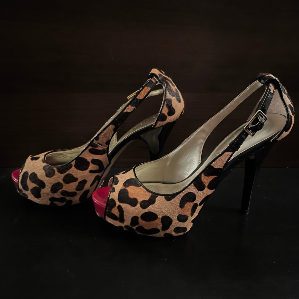 Guess Leopard Print Pony Leather Peep Toe Heels